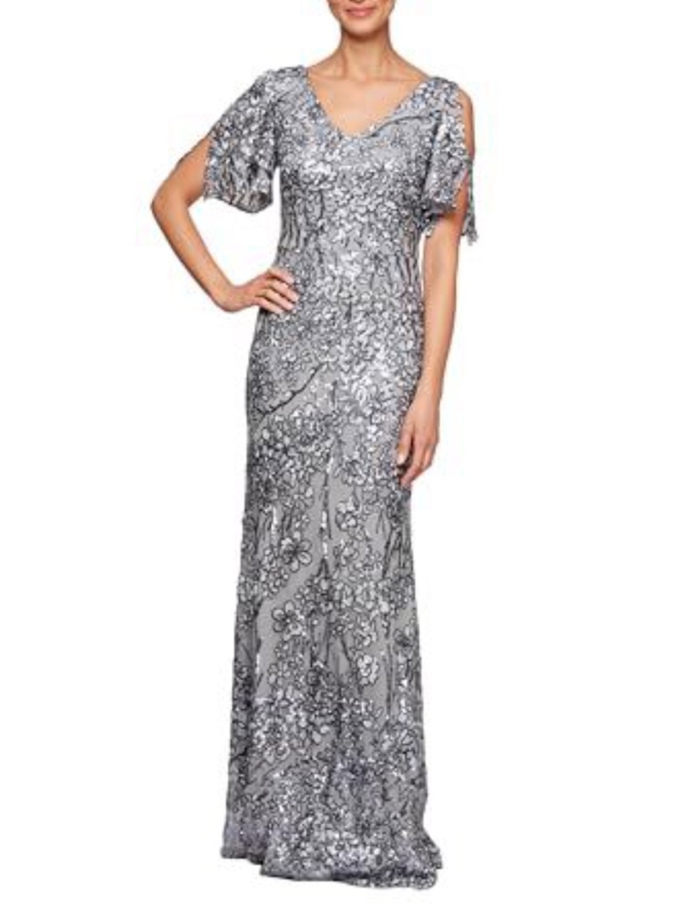 Alex Evenings 8P Silver Sequin V-Neck Cold-Shoulder Gown